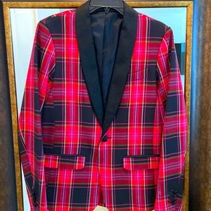 Red plaid tuxedo jacket by Mr Turk
